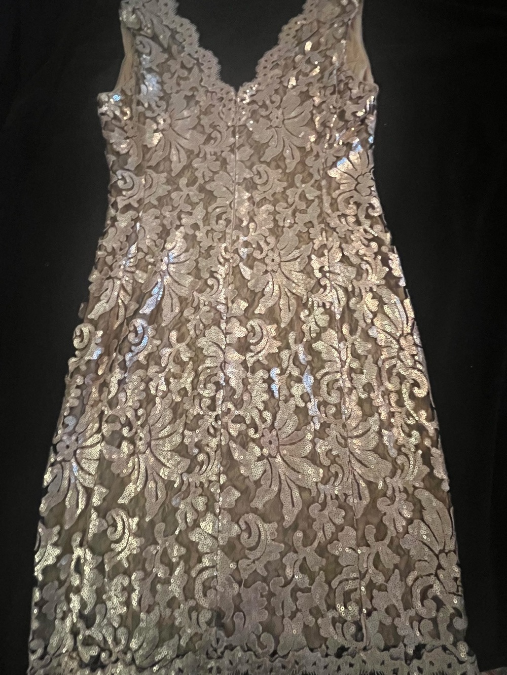 Tadashi Shoji sequined, scalloped Lace Cocktail Dress in Gold. - Picture 2 of 3